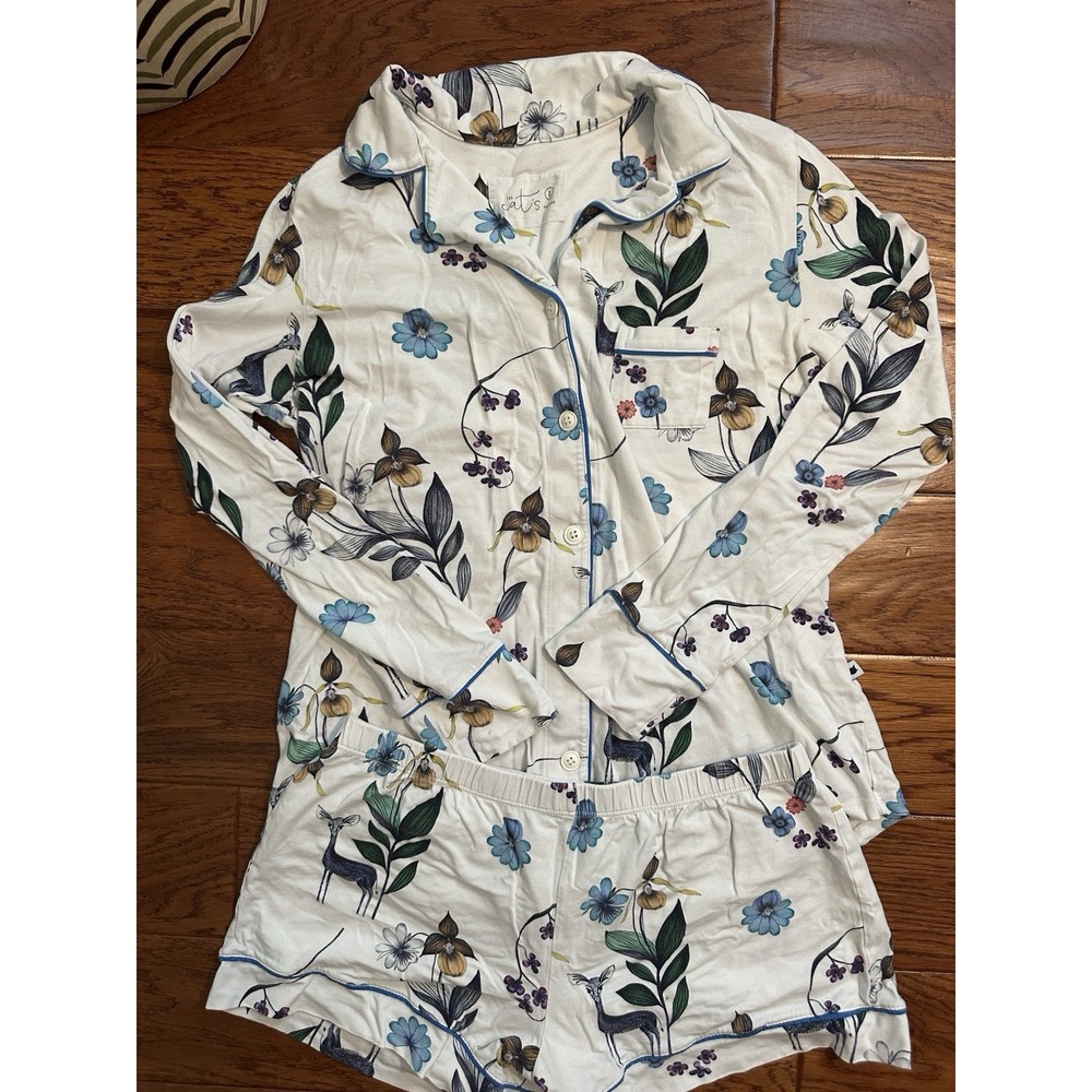 The Cats Pajamas Womens Pajama Set L Pima Cotton Modal Bambi Floral Shirt Shorts